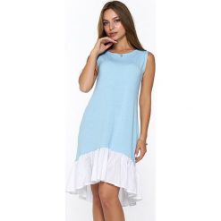 Sukienka w kolorze jasnoniebieskim. Niebieskie sukienki damskie Bessa, Moonlight, l, bez wzorów, z falbankami, bez rękawów, mini, asymetryczne. W wyprzedaży za 109,95 zł.