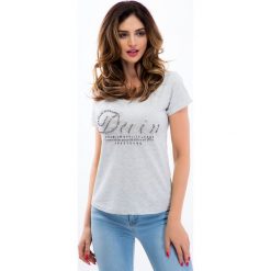 Beżowy t-shirt z koralikami 8208. Brązowe t-shirty damskie marki Fasardi, s. Za 19,00 zł.