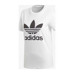 Adidas Originals Trefoil Koszulka Biały. Białe koszulki damskie adidas Originals, z nadrukiem, z elastanu, bez kołnierzyka. Za 106,95 zł.