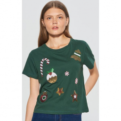 Świąteczna koszulka - Khaki. Brązowe t-shirty damskie marki Cropp, l. Za 49,99 zł.