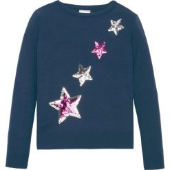 Sweter dziewczęcy dzianinowy z cekinami bonprix ciemnoniebieski. Niebieskie swetry dziewczęce bonprix, z aplikacjami, z dzianiny, z okrągłym kołnierzem, z długim rękawem, długie, bez kaptura. Za 59,99 zł.