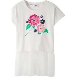 T-shirt z tiulową falbaną bonprix biel wełny. Białe bluzki dziewczęce bonprix, z nadrukiem, z wełny, bez kołnierzyka, z krótkim rękawem, krótkie, bez kaptura. Za 21,99 zł.