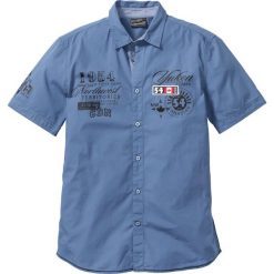 Koszula z krótkim rękawem bonprix niebieski dżins. Niebieskie koszule męskie marki bonprix, xl, z aplikacjami, bez kołnierzyka, z krótkim rękawem. Za 54,99 zł.
