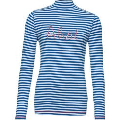 Shirt z długim rękawem, stójką i nadrukiem bonprix biel wełny - lazurowy w paski. Białe koszulki damskie bonprix, w paski, z wełny, ze stójką. Za 37,99 zł.
