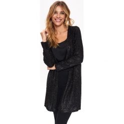 Kardigan z metalizowaną nicią. Czarne swetry damskie Top Secret, na zimę, bez wzorów, z dzianiny, eleganckie, bez rękawów, bez kaptura. Za 89,99 zł.
