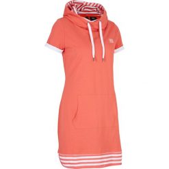 Sukienka shirtowa z bawełny, krótki rękaw bonprix koralowy. Czerwone sukienki damskie bonprix, w paski, z bawełny, z kapturem, z krótkim rękawem, krótkie, mini. Za 89,99 zł.