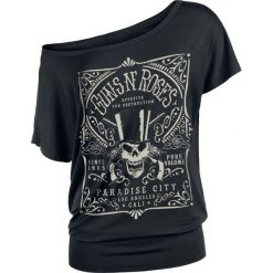 Guns N' Roses Paradise City Label Koszulka damska czarny. Czarne bluzki na imprezę marki Guns N' Roses, l, z nadrukiem, z dekoltem w łódkę. Za 99,90 zł.