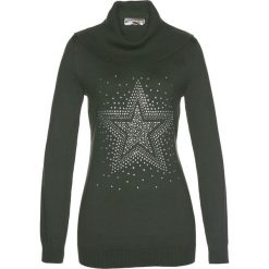 Sweter z golfem i aplikacją ze sztrasów bonprix bardzo ciemny oliwkowy. Zielone swetry damskie bonprix, z aplikacjami, z długim rękawem. Za 59,99 zł.
