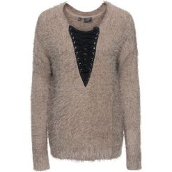 Swetry klasyczne damskie: Sweter dzianinowy ze sznurowaną wstawką bonprix czarno-brunatny