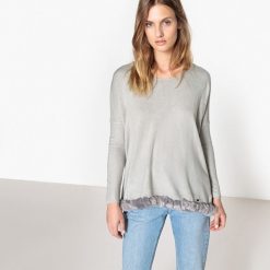 Kardigany damskie: Sweter, okrągły dekolt, dzianina o cienkim splocie