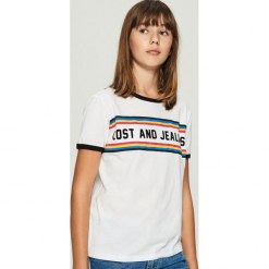 Bawełniany t-shirt z kolorowym nadrukiem - Biały. Białe t-shirty damskie marki Sinsay, l, w kolorowe wzory, z bawełny. Za 24,99 zł.