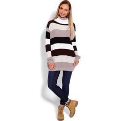 Sweter z golfem damski w pasy. Swetry damskie e-margeritka.pl, bez wzorów, z długim rękawem, długie, bez kaptura. Za 129,99 zł.