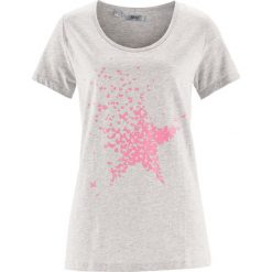 Shirt z przędzy mieszankowej, krótki rękaw bonprix jasnoszary melanż z nadrukiem. Szare koszulki damskie marki bonprix, z nadrukiem, bez kołnierzyka, z krótkim rękawem. Za 34,99 zł.