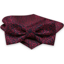 Granatowa Mucha w Czerwone Zawijasy -ALTIES- z Taką Samą Poszetką, Męska MUALTS0587. Czerwone muszki męskie Alties, na imprezę, w paski, eleganckie. Za 39,00 zł.
