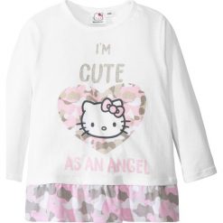 Koszulka z długim rękawem i falbaną "Hello Kitty" bonprix biały z nadrukiem. Białe bluzki dziewczęce marki bonprix, z nadrukiem, z okrągłym kołnierzem. Za 37,99 zł.
