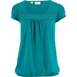 Shirt bawełniany z koronką, krótki rękaw bonprix kobaltowo-turkusowy. Niebieskie koszulki damskie bonprix, w koronkowe wzory, z bawełny, bez kołnierzyka, z krótkim rękawem. Za 49,99 zł.