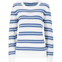 Sweter bonprix niebieski dżins - biały w paski. Niebieskie swetry damskie bonprix, w paski, bez rękawów, bez kaptura. Za 69,99 zł.