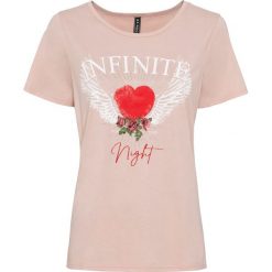 Shirt oversize z nadrukiem bonprix stary jasnoróżowy z nadrukiem. Różowe koszulki damskie bonprix, z nadrukiem, retro, bez kołnierzyka, bez rękawów. Za 49,99 zł.