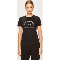 Karl Lagerfeld - T-shirt. Czarne bluzki damskie KARL LAGERFELD, s, z nadrukiem, z bawełny, z okrągłym kołnierzem. W wyprzedaży za 199,90 zł.