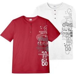 Shirt z dekoltem henley i krótkim rękawem (2 szt.) bonprix ciemnoczerwony + biały. Czerwone koszulki męskie bonprix, s, z nadrukiem, bez kołnierzyka, z krótkim rękawem, krótkie. Za 85,98 zł.
