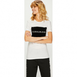Calvin Klein Jeans - Top. Szare topy damskie Calvin Klein Jeans, l, z nadrukiem, z bawełny, z okrągłym kołnierzem. Za 229,90 zł.