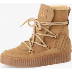 Tommy Hilfiger - Skórzane kozaki damskie, beżowy. Brązowe kozaki damskie TOMMY HILFIGER, bez obcasa, na sznurówki. Za 749,95 zł.