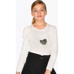 Mayoral - Longsleeve dziecięcy 128-162 cm. Białe bluzki dziewczęce Mayoral, z aplikacjami, z elastanu, z okrągłym kołnierzem, z długim rękawem, długie, bez kaptura. W wyprzedaży za 69,90 zł.