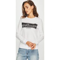 Armani Exchange - Bluza. Białe bluzy damskie marki Armani Exchange, s, z nadrukiem, z elastanu, bez rękawów, bez kaptura. Za 399,90 zł.