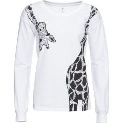 Bluza dresowa z nadrukiem żyrafy bonprix biały. Białe bluzy damskie bonprix, z dresówki, bez kaptura. Za 74,99 zł.