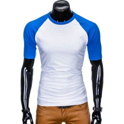 T-shirty męskie: T-SHIRT MĘSKI BEZ NADRUKU S877 – BIAŁY/NIEBIESKI