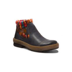 RIEKER Z6784-14. Niebieskie botki damskie Rieker, ze skóry ekologicznej, bez obcasa, bez zapięcia. Za 259,99 zł.