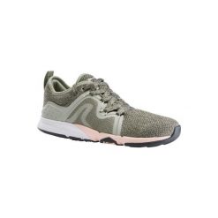 Buty damskie do marszu sportowego PW 540 Flex-H + w kolorze khaki-róż. Brązowe buty sportowe damskie marki NEWFEEL, bez wzorów, z poliesteru, sportowe, trekkingowe. Za 119,99 zł.