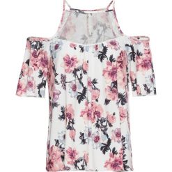Shirt z koronką bonprix biel wełny w kwiaty. Białe koszulki damskie bonprix, z nadrukiem, z wełny, bez kołnierzyka, bez rękawów. Za 79,99 zł.