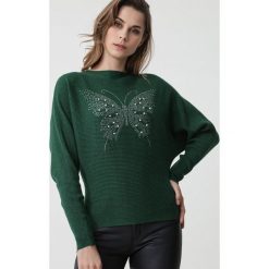Ciemnozielony Sweter Drop Out. Zielone swetry damskie Born2be, s, z aplikacjami, z dzianiny, z długim rękawem, długie, bez kaptura. Za 79,99 zł.