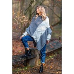 Szare Dwukolorowe Poncho w Grube Warkocze. Szare swetry damskie Molly.pl, uniwersalny, bez wzorów, bez rękawów, długie, bez kaptura. Za 149,90 zł.