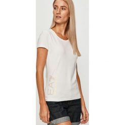 EA7 Emporio Armani - T-shirt. Czarne bluzki damskie EA7 Emporio Armani, s, z aplikacjami, z elastanu, casualowe, z okrągłym kołnierzem, z krótkim rękawem. Za 359,90 zł.