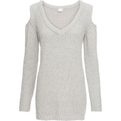 Sweter z szenili z nitką lureksową bonprix jasnoszaro-srebrny. Szare swetry damskie bonprix, bez wzorów, bez rękawów, bez kaptura. Za 84,99 zł.