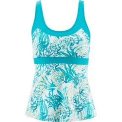 Top tankini bonprix biało-turkusowy. Białe stroje kąpielowe damskie bonprix, z nadrukiem. Za 37,99 zł.