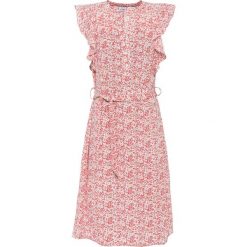 Sukienka bonprix rabarbarowo-biały w kwiaty. Różowe sukienki damskie bonprix, z aplikacjami, bez kołnierzyka, bez rękawów. Za 134,99 zł.