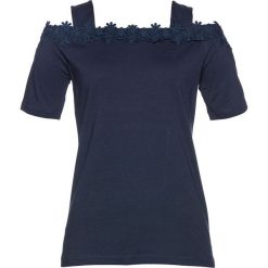 Shirt z wycięciami na ramionach bonprix ciemnoniebieski. Niebieskie koszulki damskie marki bonprix, w koronkowe wzory, z koronki, bez kołnierzyka, bez rękawów. Za 79,99 zł.