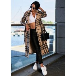Płaszcz Libre Kaptur Krata Kolor Camel XL. Brązowe płaszcze damskie LIGARI, s, bez wzorów, z elastanu. Za 249,00 zł.