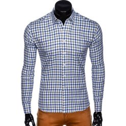 KOSZULA MĘSKA W KRATĘ Z DŁUGIM RĘKAWEM K444 - BIAŁA/ZIELONA. Zielone koszule męskie Ombre Clothing, s, bez wzorów, z bawełny, bez kołnierzyka, z długim rękawem. Za 39,00 zł.