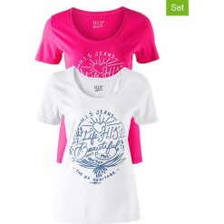 Koszulki (2 szt.) w kolorze różowym i białym. Czerwone t-shirty damskie H.I.S, xs, z nadrukiem, z bawełny, z okrągłym kołnierzem. W wyprzedaży za 73,95 zł.