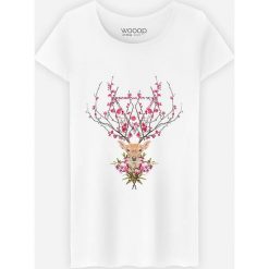 Koszulka "Spring Deer" w kolorze białym. Białe koszulki damskie Wooop, xl, bez wzorów, z bawełny, z okrągłym kołnierzem. W wyprzedaży za 56,95 zł.
