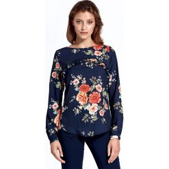 Bluzka z falbanką w kwiaty granatowa - 40. Bluzki damskie e-margeritka.pl, s, w kwiaty, z elastanu, eleganckie, z falbankami, z długim rękawem. Za 118,99 zł.