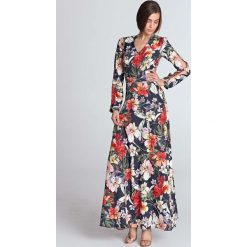 Granatowa Maxi Sukienka w Kwiaty z Wycięciem na Rękawach. Niebieskie sukienki damskie Molly.pl, s, w kwiaty, eleganckie, bez kołnierzyka, z długim rękawem, długie, maxi, rozkloszowane. Za 249,90 zł.