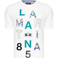 T-shirt LA MARTINA OLIMPIO. Białe t-shirty męskie La Martina, z nadrukiem, z bawełny, sportowe, z okrągłym kołnierzem. Za 290,00 zł.
