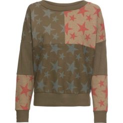 Bluza dresowa bonprix srebrnoszaro-zielony khaki -brązowy marsala z nadrukiem. Zielone bluzy damskie bonprix, z dresówki, bez kaptura. Za 79,99 zł.