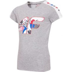 T-shirt dziewczęcy (98-116) JTSD103 - szary melanż. Szare bluzki dziewczęce marki 4F JUNIOR, z nadrukiem, z materiału, bez kołnierzyka, bez rękawów, bez kaptura. Za 34,99 zł.