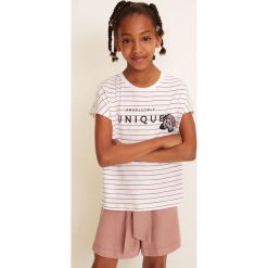 Mango Kids - Top dziecięcy Animal 110-164 cm. Białe bluzki dziewczęce Mango Kids, z nadrukiem, z bawełny, z okrągłym kołnierzem, z krótkim rękawem, krótkie, bez kaptura. Za 59,90 zł.